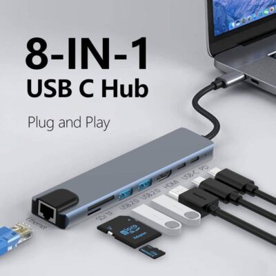 1 8-in-1 USB Type-C to HDTV Multiport Adapter – USB-C Hub with HDMI, USB 3.0, PD Charging & Card Reader